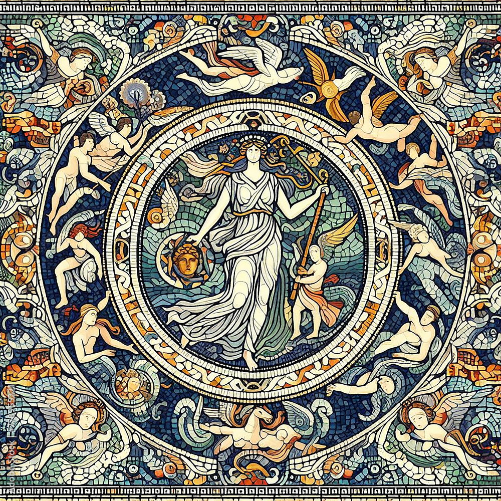 Ancient roman mosaic illustration on the theme of love
