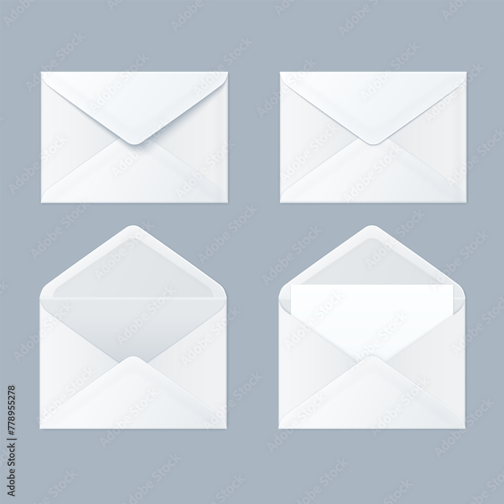 Four white envelopes arranged in various positions on a gray background Four white envelopes arranged in various positions on a gray background