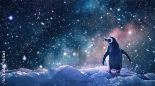 Realistic depiction of a penguin astronaut standing on an ice comet  with the Milky Way in view