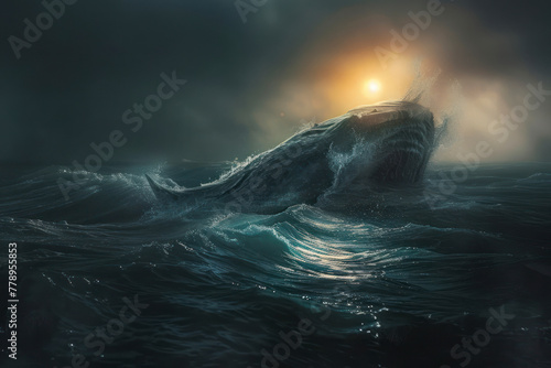 Leviathan, ruler of the deep, commands the currents with its mighty fins, stirring tempests. photo