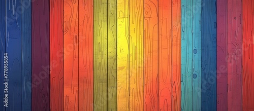 A rectangular wooden wall displaying a colorful rainbow of tints and shades including brown, amber, orange, pink, and magenta, showcasing the colorfulness of the material property