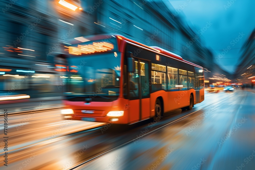 City bus in motion driving through urban streets with dynamic motion blur City bus in motion driving through urban streets with dynamic motion blur