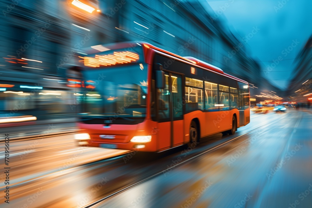 City bus in motion driving through urban streets with dynamic motion blur	