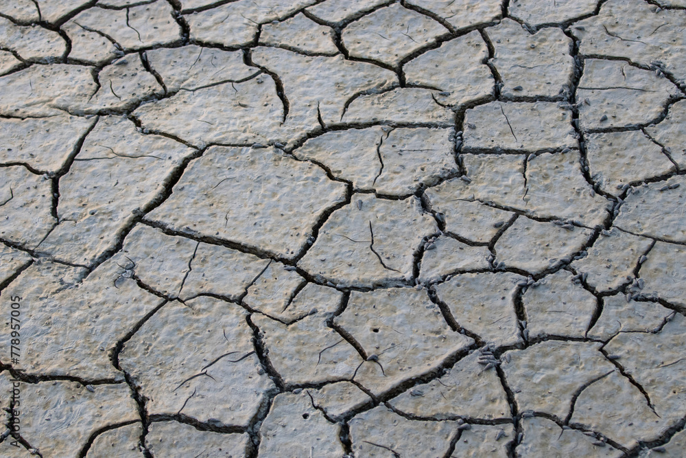 Nature texture - Mud crack, Cracks on the surface of the soil Caused by the shrinkage of the mud due to the dryness of the terrain. Gray Mud crack.