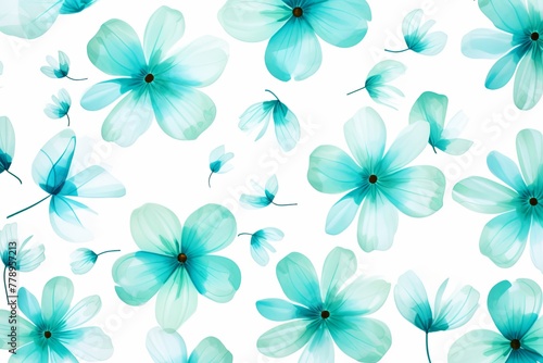 Turquoise flower petals and leaves on white background seamless watercolor pattern spring floral backdrop 