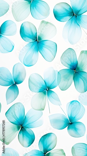 Turquoise flower petals and leaves on white background seamless watercolor pattern spring floral backdrop 