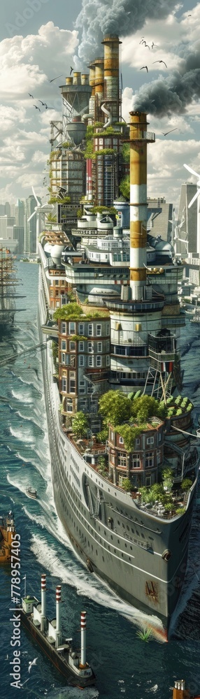 Realistic depiction of a 1940s ocean liner redesigned as a floating city with wind turbines and hydroponic gardens