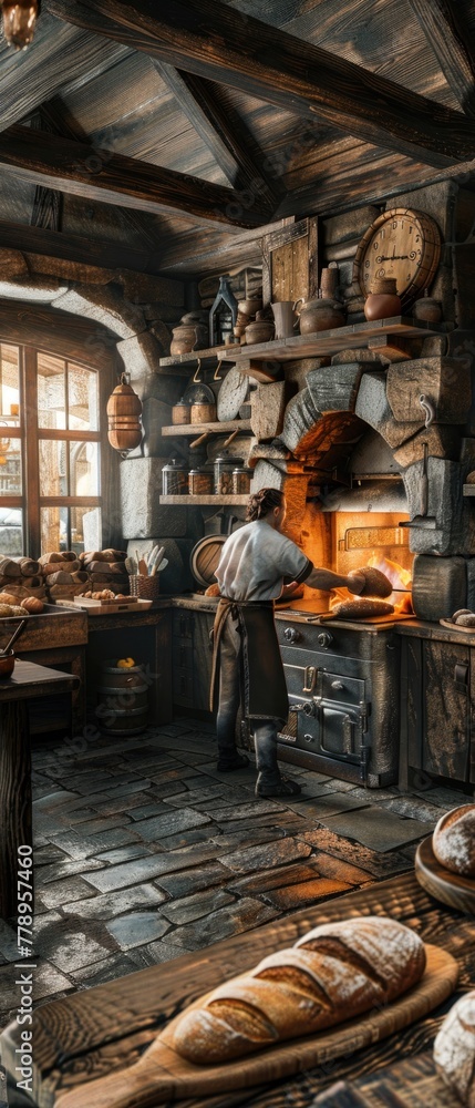 A hyper-realistic scene of a baker pulling freshly baked bread out of an oven in a cozy, rustic kitchen