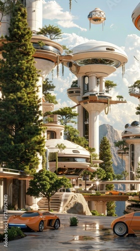 Hyper-realistic image of a retro-futuristic residential complex, with flying car ports and domed living spaces
