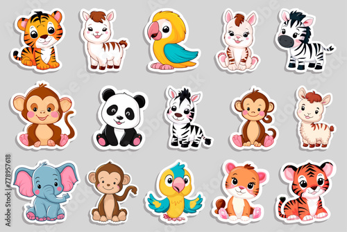 Big set of different cute animal stickers vector illustrations. Generative AI