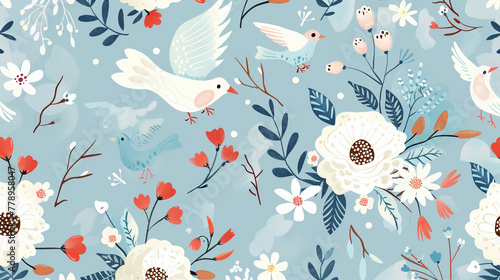 seamless pattern with flowers and birds in blue background