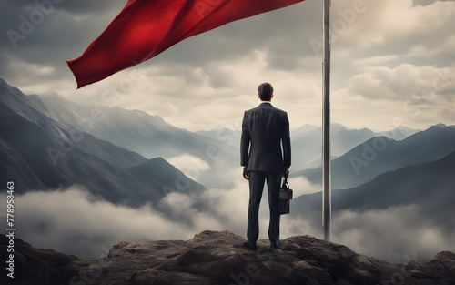 Rear view of businessman standing tall, looking at a distant red flag on a mountain top