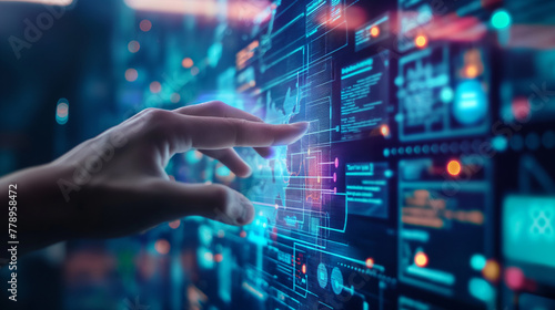 A woman's finger touches a beam of light surrounded by blue and green data and charts. Server safe hacking concept Data center technical systems