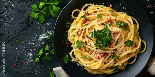 Delicious Italian spaghetti dish with parmesan cheese and parsley on elegant black plate, top view