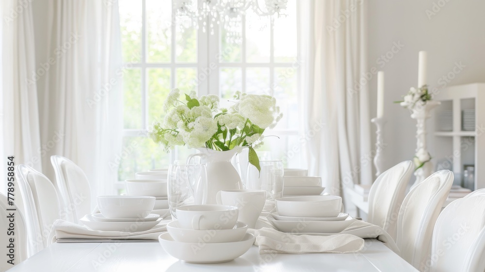 A bright dining room setup with a white tablecloth, porcelain dishes, and a vase with fresh flowers, bathed in natural light. A bright dining room setup with a white tablecloth, porcelain dishes, and a vase with fresh flowers, bathed in natural light.
