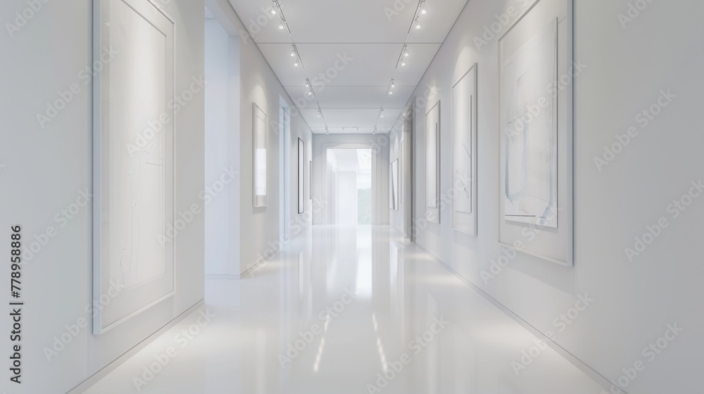 A long, minimalist gallery corridor displaying monochrome artworks, elegantly lit by a series of ceiling spotlights and natural daylight.