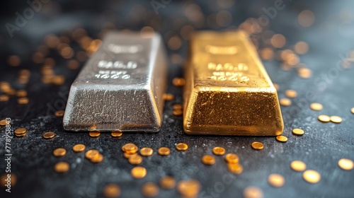 Gold and silver bars, on a black background with scattered gold coins