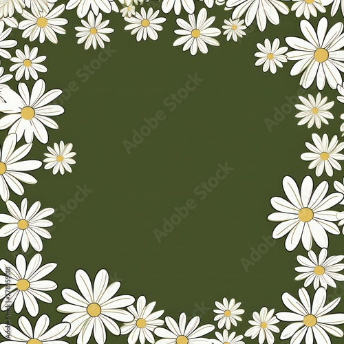 Olive and white daisy pattern, hand draw, simple line, flower floral spring summer background design with copy space for text or photo backdrop © Celina