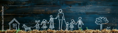 White chalk drawing on black wood, stick figures of family members holding hands with their children and dog standing in front of them photo