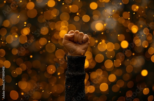 Fist raised in protest, captured against the backdrop of falling gold lights. The focus is on the fist and its movement, with bokeh creating an atmosphere of energy and public angryness