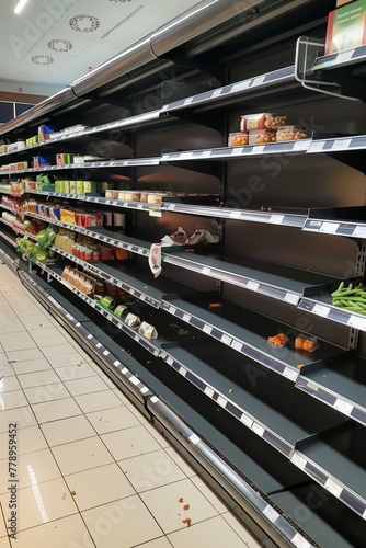 Empty shelves in grocery store. Supermarket with empty shelves after panic shopping during crisis 