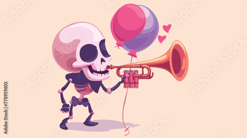 Skull blow the trumpet and holding balloon. celebra