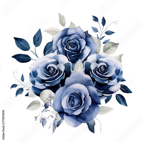 Navy Blue roses watercolor clipart on white background, defined edges floral flower pattern background with copy space for design text or photo backdrop minimalistic 