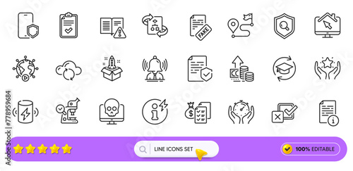 Checklist, Power info and Charge battery line icons for web app. Pack of Inspect, Technical algorithm, Phone protect pictogram icons. Fake news, Continuing education, Manual signs. Search bar. Vector