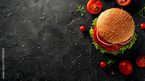 The menu concept features a delicious meat snack sandwich with a burger, beef steak, tomato, sauce, photo