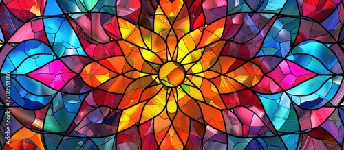 A closeup of a vibrant stained glass window featuring a beautiful flower design  showcasing the artistry of the creative arts through intricate patterns  symmetry  and a mix of tints and shades