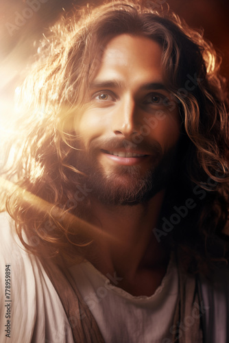 Portrait of Jesus Christ in a epic cinematic fantasy glowing background. Resurrection concept art. Happy and loving expression. Religious art. Savior, compassionate, humble, loving, wise, healer
