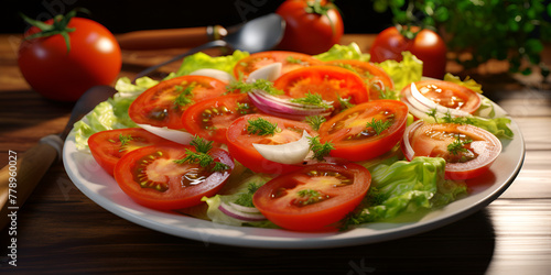 tomato and salad, A bowl of salad with tomatoes and cucumbers on it, Salad with quinoa spinach broccoli tomatoes cucumbers and carrots, Fresh salad with lettuce and tomato, Generative AI