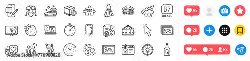 Food delivery, Alcohol free and Heart line icons pack. Social media icons. Certificate, Dress, Co2 web icon. Carousels, Touch screen, Timer pictogram. Quick tips, Microscope, Start business. Vector
