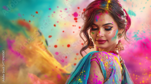 Beautiful of Holi model over colorful background, Illustration.