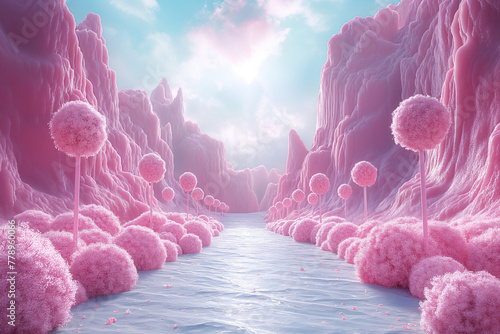 Fairytale land of colorful fantasy cotton candy. 3D illustrations of colorful lollipops and various colored candies with jelly and sugar. colorful sweets