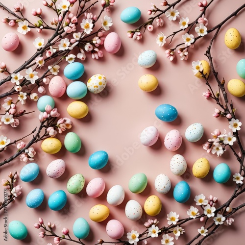 Colorful easter eggs and spring flowers on pastel pink background. AI generated