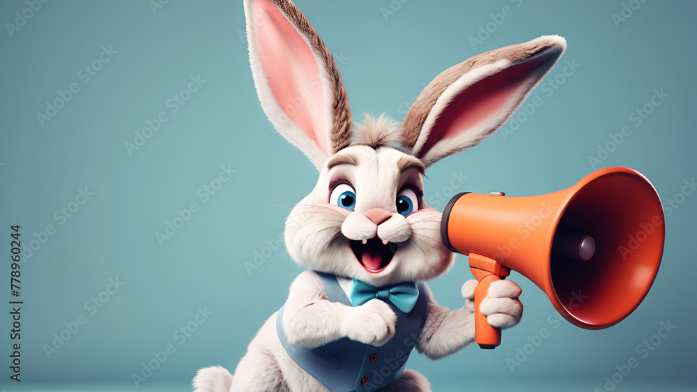 Funny Easter bunny with a megaphone on a blue background,
