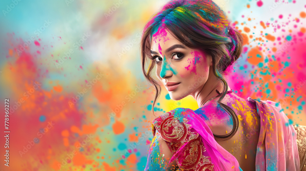 Beautiful of Holi model over colorful background, Illustration.