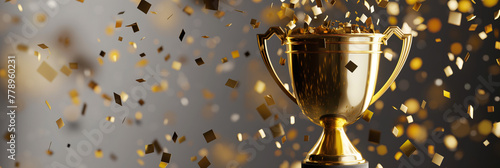 Golden trophy with confetti falling on a golden background that captures leadership in business and sports. Copy space for text, 3D rendering