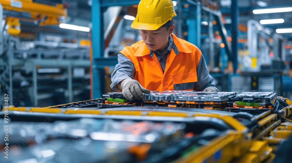 Asian man in an orange safety vest is working on a machine Asian man in an orange safety vest is working on a machine
