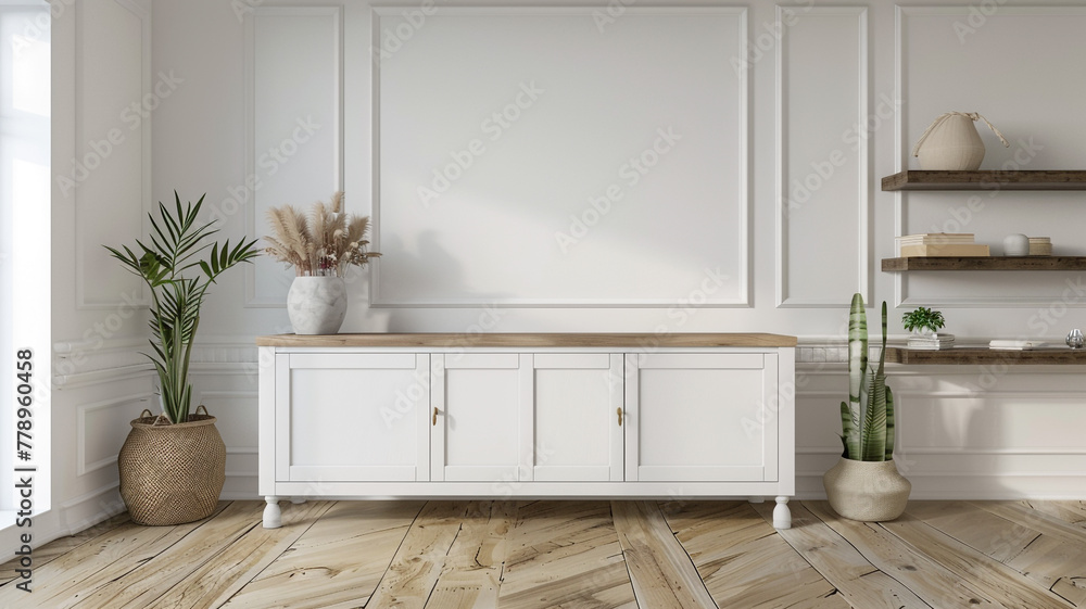 mockup wall in a living room interior with a white cabinet and wooden shelf on an empty blank background mockup wall in a living room interior with a white cabinet and wooden shelf on an empty blank background