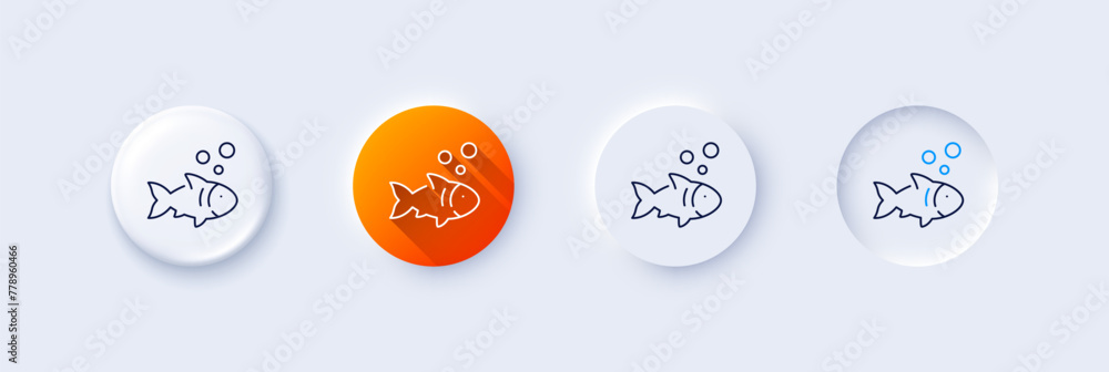 Fish line icon. Neumorphic, Orange gradient, 3d pin buttons. Fishing catch sign. Fresh seafood symbol. Line icons. Neumorphic buttons with outline signs. Vector Fish line icon. Neumorphic, Orange gradient, 3d pin buttons. Fishing catch sign. Fresh seafood symbol. Line icons. Neumorphic buttons with outline signs. Vector