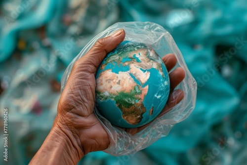 Hand holding a globe printed on a plastic bag symbolizing environmental concerns associated with plastic pollution 