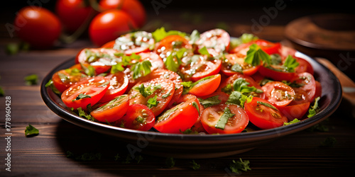 salad with tomatoes, Ensalada de tomate fresco sobre mesa de madera vegetariana saludable, Tomatoes Healthy Meal, Roasted Tomatoes Healthy Meal, Tomato Basil Bliss photo, Generative AI