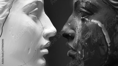 Black and white close-up of two contrasting classical sculpture faces almost touching, depicting a concept of duality, emotion, or intimacy.