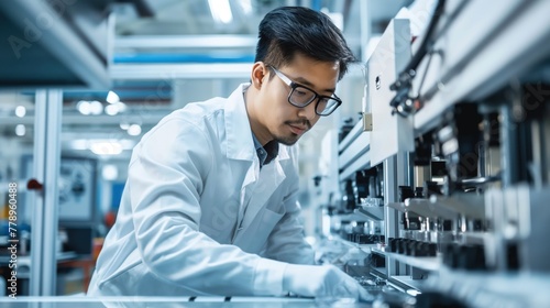 Asian man in lab coat working on machine in laboratory setting