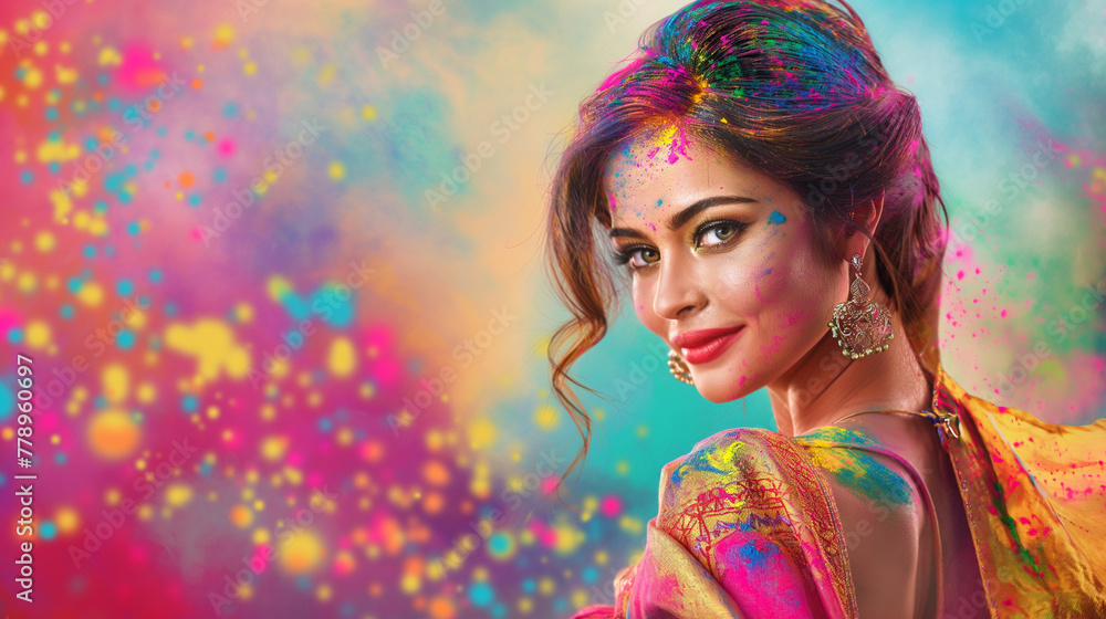 Beautiful of Holi model over colorful background, Illustration.
