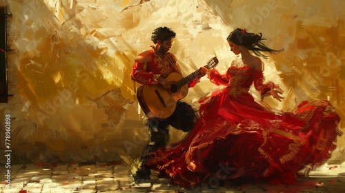 Romantic painting of a man playing guitar serenading a woman in a flowing red dress, dancing in a sunlit room with warm, golden tones.