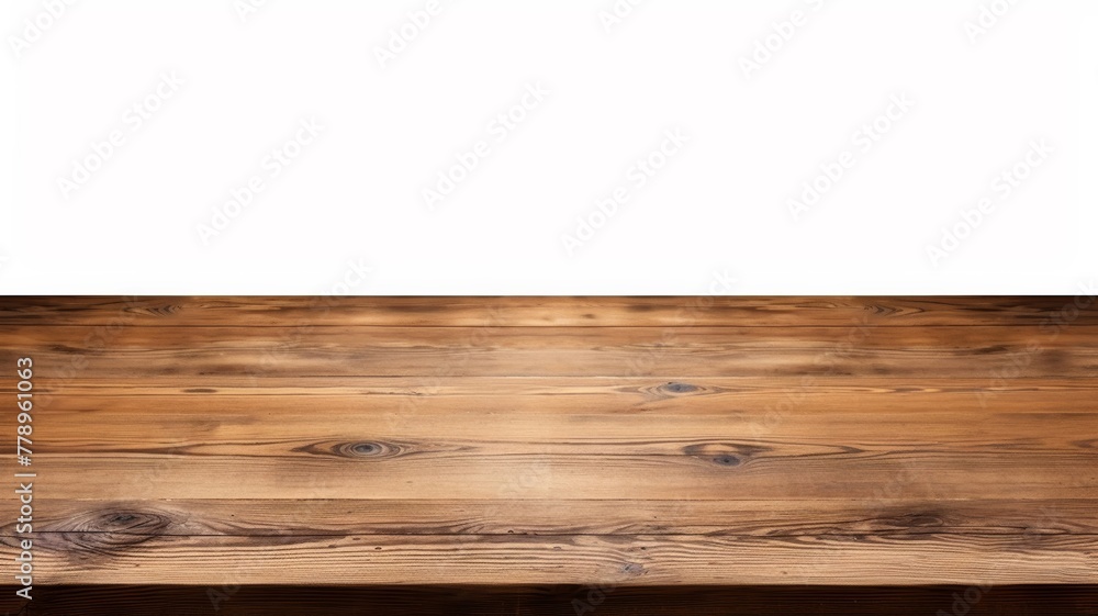 Front view of a shiny wooden surface of shelf, desk, display, or board isolated on a simple white background. Generative AI. Front view of a shiny wooden surface of shelf, desk, display, or board isolated on a simple white background. Generative AI.
