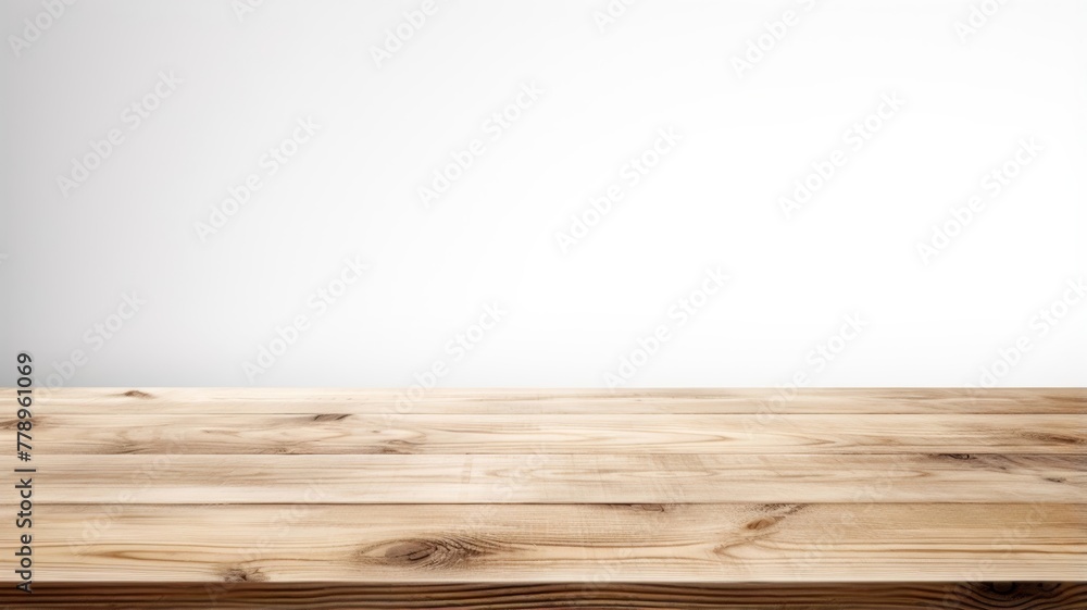 Front view of a shiny wooden surface of shelf, desk, display, or board isolated on a simple white background. Generative AI.